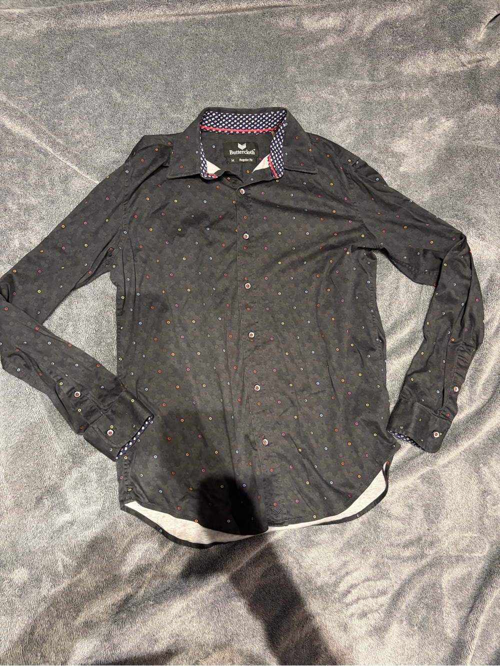Buttercloth Black Long-Sleeve Button-Down Shirt with Multicolor Dot Print